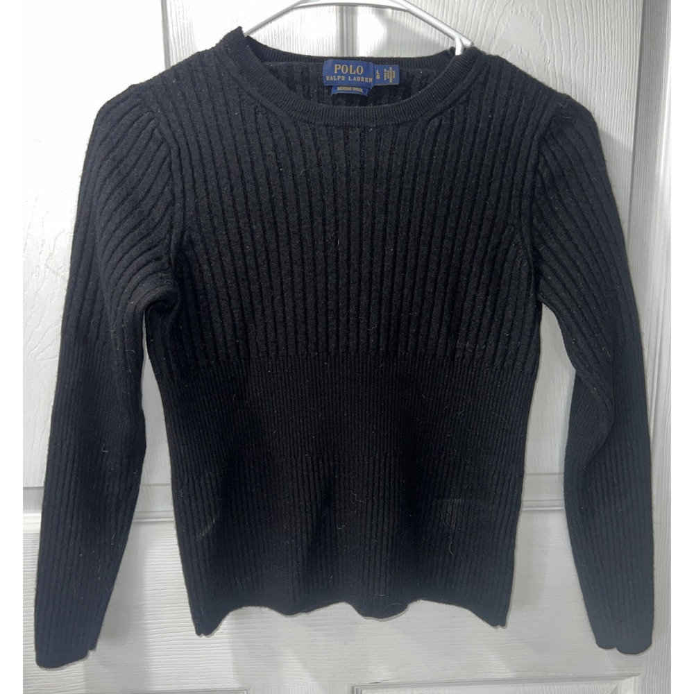 Polo Ralph Lauren Sweater Large‎ Youth 100% Merino Wool Black Crewneck Pullover